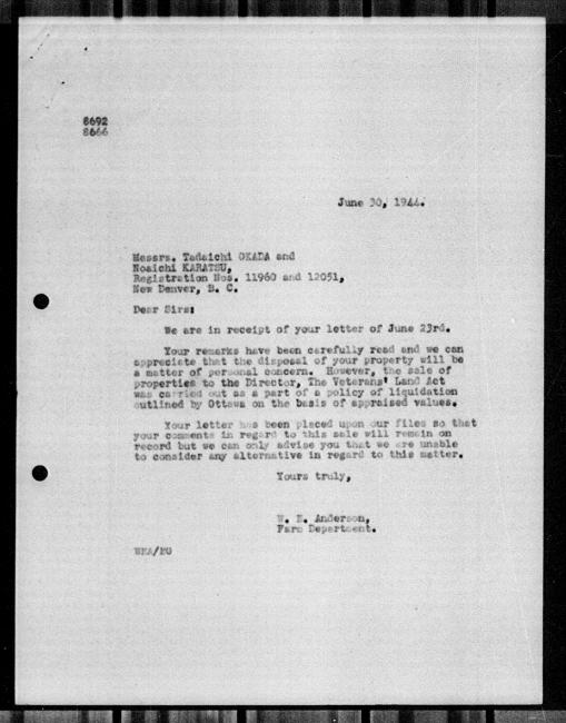 Scanned black-and-white microfilm of a typed reply letter to Tadaichi Okada and Noaichi Karatsu from government representative WE Anderson regarding dispossession of their property.