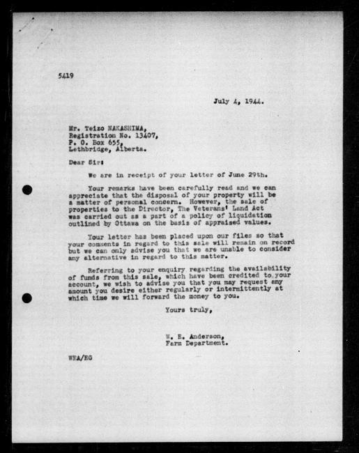Scanned black-and-white microfilm of a typed reply letter to Teizo Nakashima from government representative WE Anderson regarding dispossession of their property.