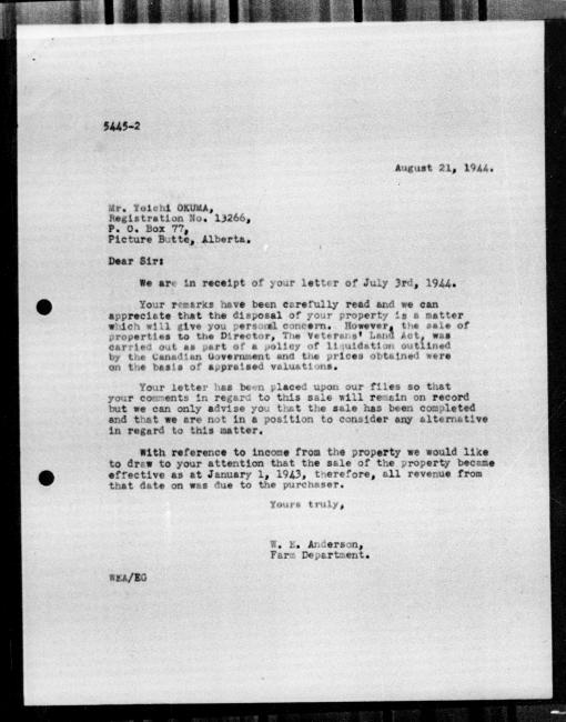 Scanned black-and-white microfilm of a typedwritten reply letter to Yoichi Okuma from government representative WE Anderson regarding dispossession of their property.