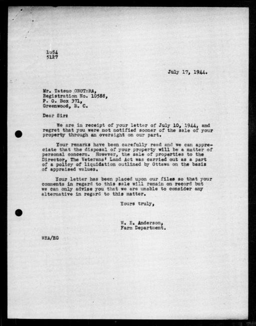Scanned black-and-white microfilm of a typewritten reply letter to Tatsuo Onotera from government representative WE Anderson regarding dispossession of their property.