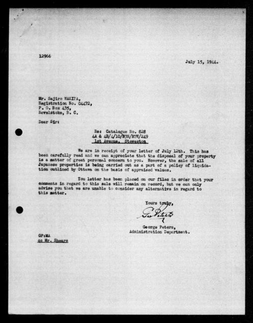 Scanned black-and-white microfilm of a typed reply letter to Sajiro Wakita from government representative George Peters regarding dispossession of their property. Includes signature from author.