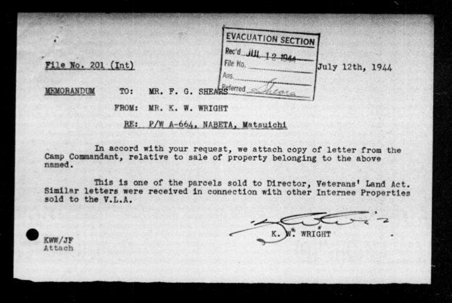 Scanned black-and-white microfilm of a typewritten internal memorandum to government representative FG Shears from KW Wright regarding the dispossession of Matsuishi Nabeta's property. Includes stamped annotations, and signature from author.