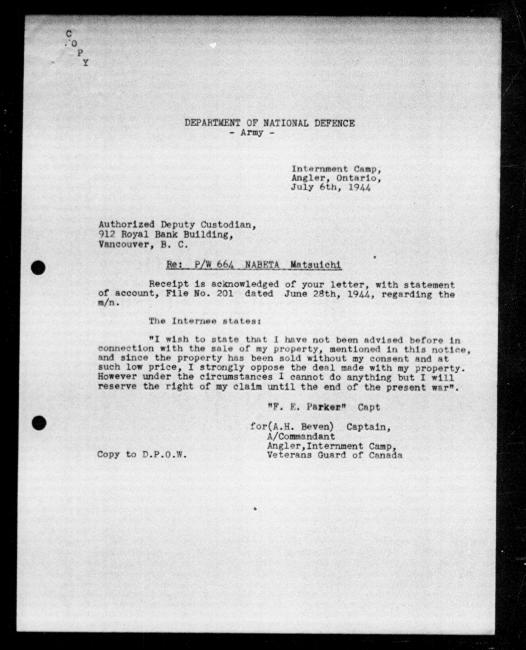 Scanned black-and-white microfilm of a typewritten copy of a letter addressed to the Authorized Deputy Custodian from Captain F.E. Parker regarding dispossession of Nabeta Matsuichi's property.