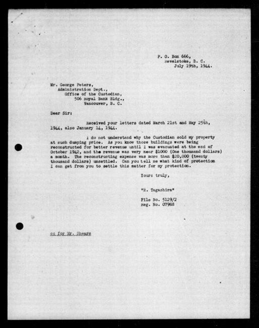 Scanned black-and-white microfilm of a typewritten copy of a letter addressed to government representative George Peters from Rinkichi Tagashira regarding dispossession of their property.