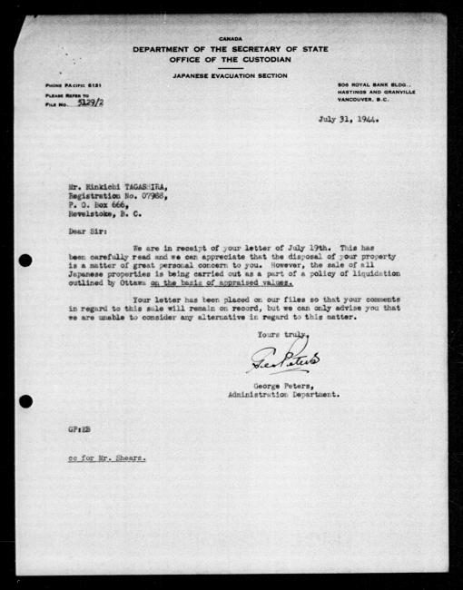 Scanned black-and-white microfilm of a typewritten reply letter to Rinkichi Tagashira from government representative George Peters regarding dispossession of their property. Typed on Office of the Custodian Letterhead, includes author's signature.