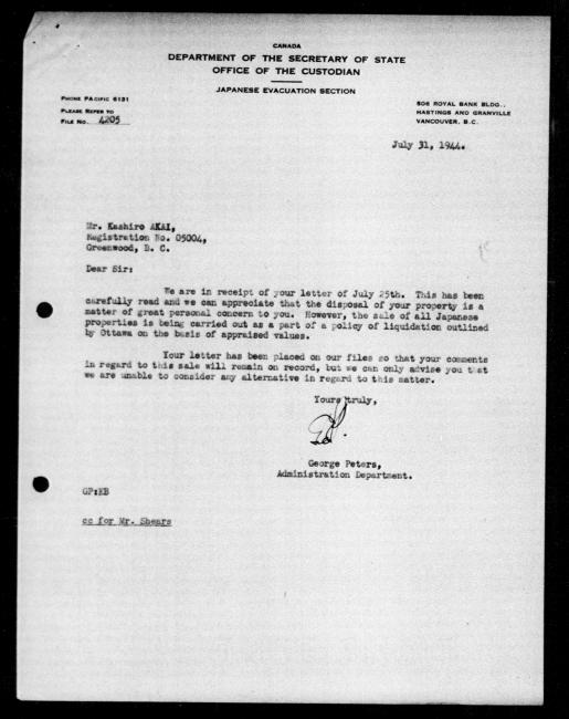 Scanned black-and-white microfilm of a typewritten reply letter to Kashiro Akai from government representative George Peters regarding dispossession of their property. Typed on Office of the Custodian Letterhead, includes author's signature.