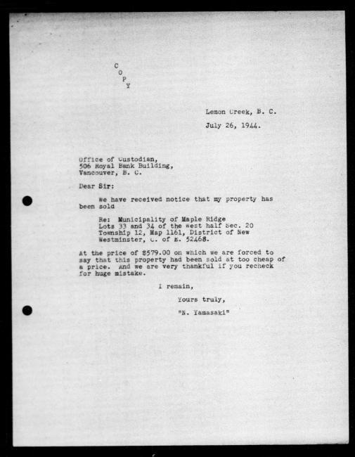 Scanned black-and-white microfilm of a typewritten copy of a letter addressed to the government from  Noboru Yamasaki regarding dispossession of their property.