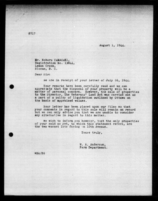 Scanned black-and-white microfilm of a typed reply letter to Noboru Yamasaki  from government representative WE Anderson regarding dispossession of their property.