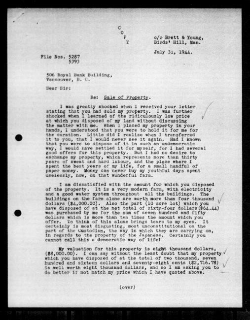 Scanned black-and-white microfilm of a typewritten copy of a letter addressed to the government from Rokusaburo and Mitsuye Taniguchi regarding dispossession of their property. Includes pencil checkmarks on side of document.
Page 1 of 2. 