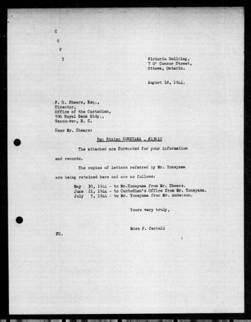 Scanned black-and-white microfilm of a typewritten copy of a letter addressed to government representative FG Shears from F Carroll regarding dispossession of Rikizo Yoneyama's property.