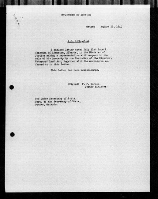 Scanned black-and-white microfilm of a typewritten copy of an unaddressed internal letter from FP Varcoe regarding dispossession of Rikizo Yoneyama's property.