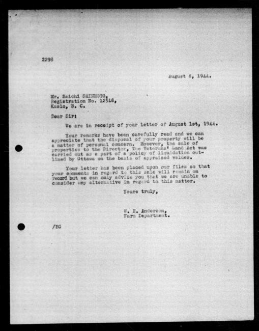 Scanned black-and-white microfilm of a typedwritten reply letter to Saichi Shinmoto from government representative WE Anderson regarding dispossession of their property.