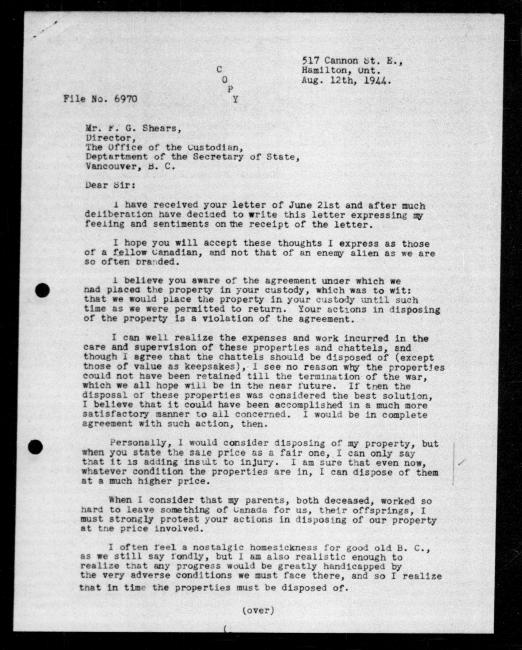 Scanned black-and-white microfilm of a typewritten copy of a letter addressed to government representative FG Shears from Toshio J Oki regarding dispossession of their property.
Page 1 of 2.