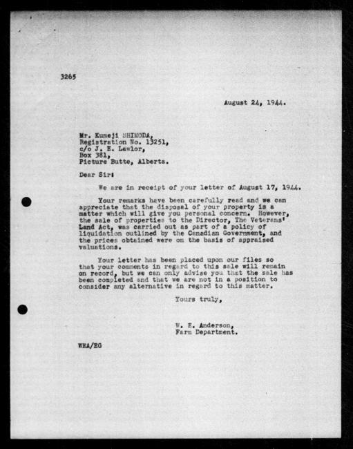 Scanned black-and-white microfilm of a typewritten reply letter to Kumeji Shimoda from government representative WE Anderson regarding dispossession of their property.