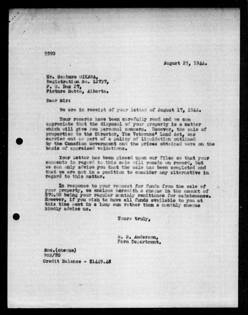 Scanned black-and-white microfilm of a typed reply letter to Usaburo Oikawa from government representative WE Anderson regarding dispossession of their property.