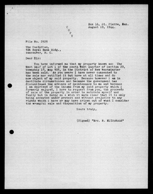Scanned black-and-white microfilm of a typewritten copy of a letter addressed to the government from N Mitsunaga regarding dispossession of their property.