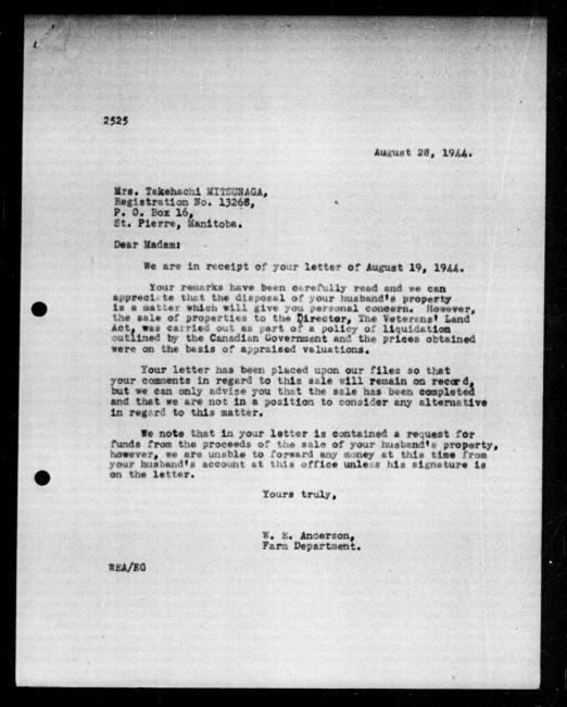 Scanned black-and-white microfilm of a typed reply letter to N Mitsunaga (addressed as Mrs. Takehachi Mitsunaga) from government representative WE Anderson regarding dispossession of their property.