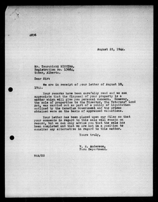 Scanned black-and-white microfilm of a typed reply letter to Tsurukichi Mishima from government representative WE Anderson regarding dispossession of their property.