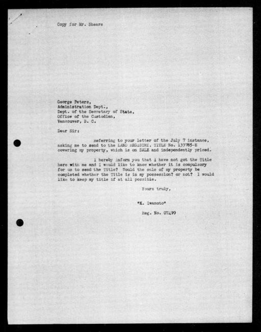 Scanned black-and-white microfilm of a typewritten copy of a letter addressed to the government from  Kazuo Iwamoto regarding dispossession of their property.