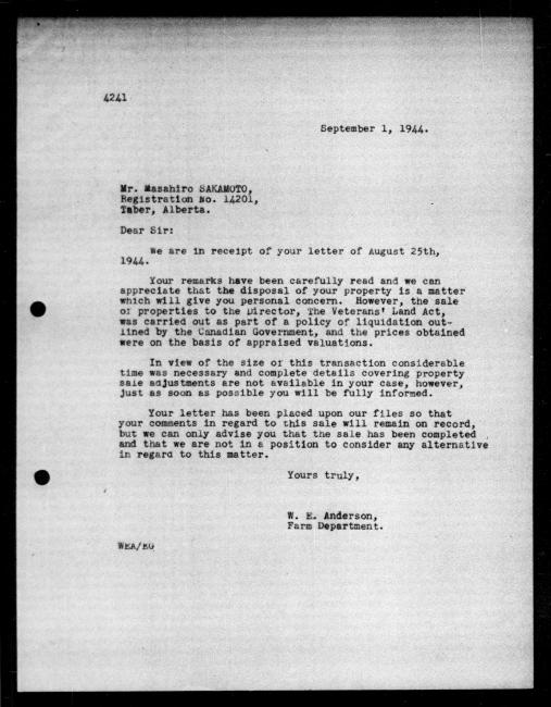 Scanned black-and-white microfilm of a typed reply letter to Masahiro Sakamoto from government representative WE Anderson regarding dispossession of their property.