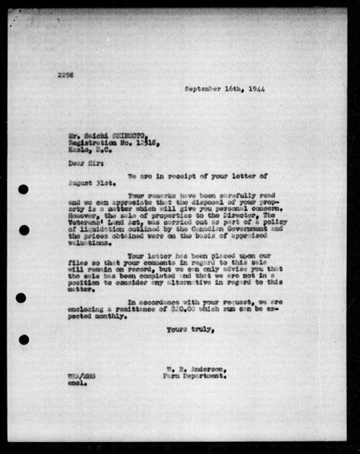 Scanned black-and-white microfilm of a typed reply letter to Saichi Shinmoto from government representative WE Anderson regarding dispossession of their property.