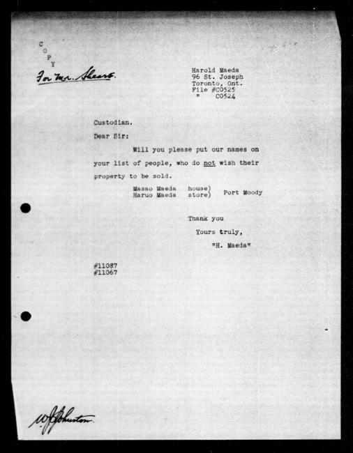 Scanned black-and-white microfilm of a typewritten copy of a letter addressed to the government from Harold Maeda regarding dispossession of their property. Includes handwritten annotation in margin.