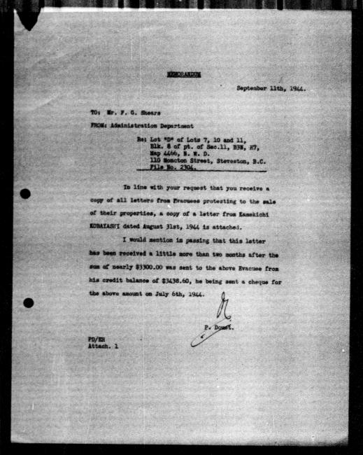 Scanned black-and-white microfilm of a typewritten copy of an internal letter addressed to government representative FG Shears from P Douet of the Administration department regarding dispossession of Kamekichi Kobayashi's property.