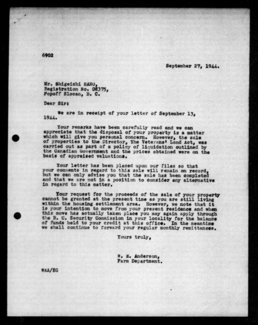 Scanned black-and-white microfilm of a typed reply letter to Shigeichi Sano from government representative WE Anderson regarding dispossession of their property.