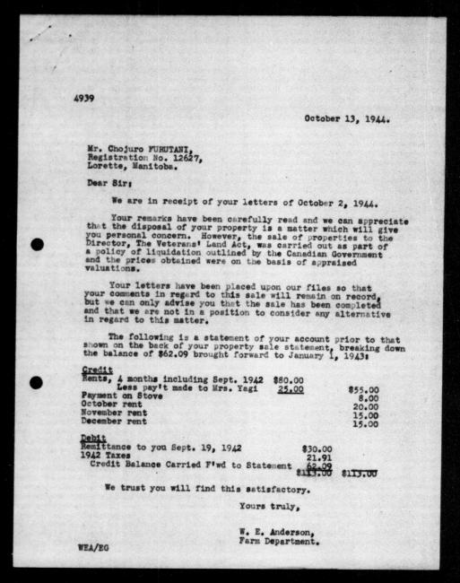 Scanned black-and-white microfilm of a typewritten reply letter to Chojuro Furutani from government representative WE Anderson regarding dispossession of their property.