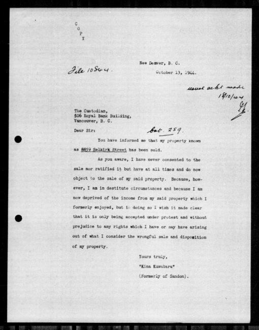 Scanned black-and-white microfilm of a typewritten copy of a letter addressed to the government from  Kina Kuwabara regarding dispossession of their property. Handwritten comments on top of page.