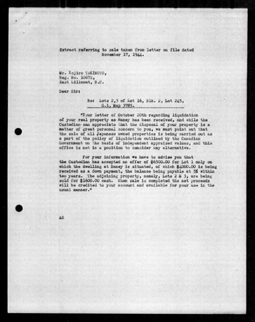 Scanned black-and-white microfilm of a typed reply letter to Yojiro Takimoto from unidentified sender, AS, regarding dispossession of their property.