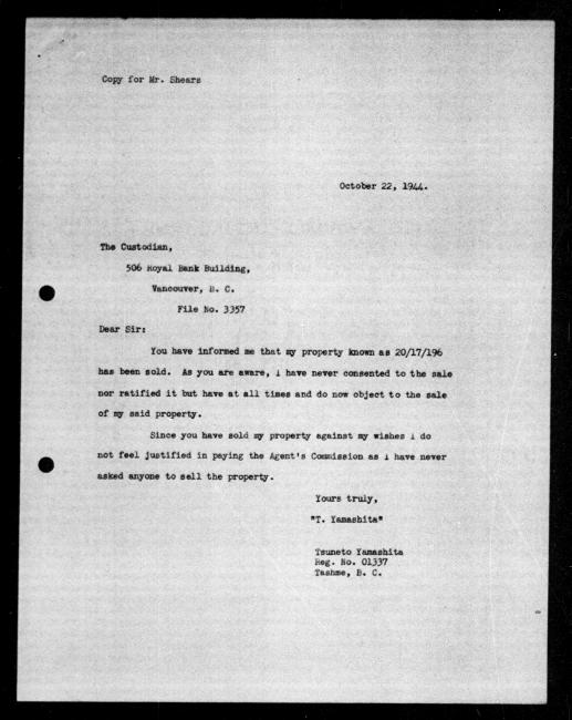 Scanned black-and-white microfilm of a typewritten copy of a letter addressed to the government from Tsuneto Yamashita regarding dispossession of their property.