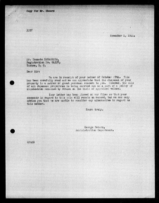 Scanned black-and-white microfilm of a typed reply letter to Tsuneto Yamashita from government representative WE Anderson regarding dispossession of their property.
