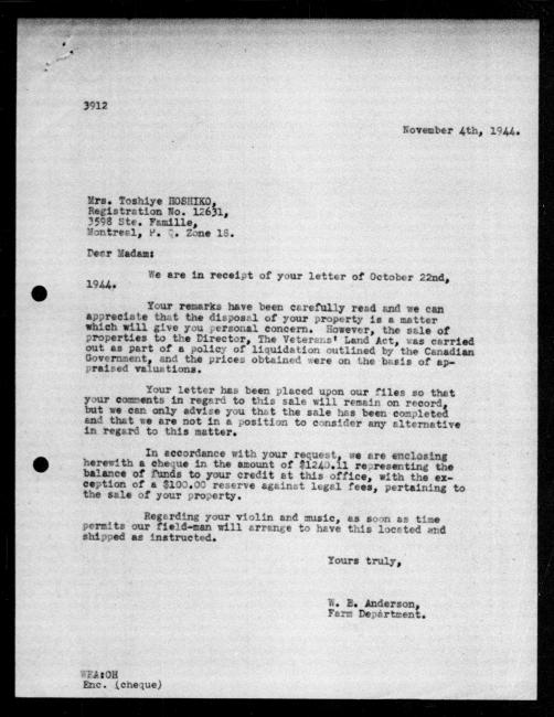 Scanned black-and-white microfilm of a typewritten reply letter to Toshiye Hoshiko from government representative WE Anderson regarding dispossession of their property.