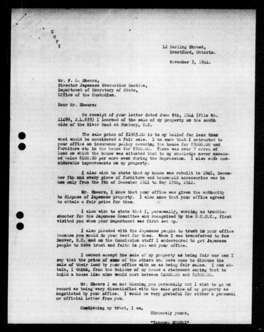 Un microfilm noir et blanc scanné d'une copie dactylographiée d'une lettre adressée au représentant du gouvernement F.G. Shears de Tatsuro Suzuki concernant la dépossession de sa propriété.