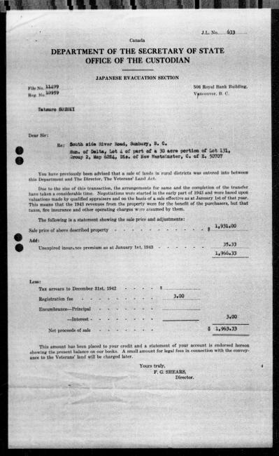 Scanned black-and-white microfilm of a typewritten reply letter to Tatsuro Suzuki from government representative FG Shears regarding dispossession of their property. Typed on Department of the Secretary of State Letterhead. Page 1 of 2.