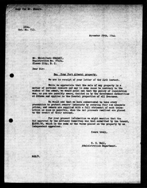 Scanned black-and-white microfilm of a typed reply letter to Shichitaro Odagaki from government representative WE Anderson regarding dispossession of their property.