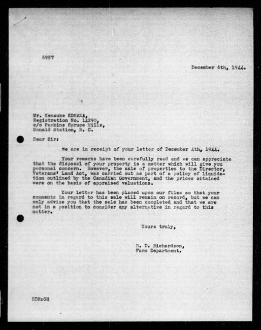 Scanned black-and-white microfilm of a typewritten reply letter to Kensuke Kosaka from government representative RD Richardson regarding dispossession of their property.