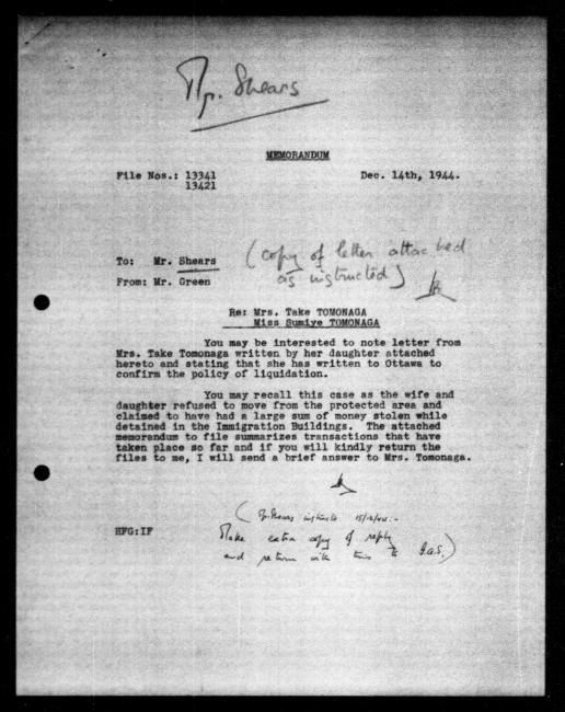Scanned black-and-white microfilm of a typewritten internal memorandum to government representative FG Shears from government representative Mr Green to regarding dispossession of Take and Sumi Tomonaga's property. Includes handwritten annotations throughout the letter, and handwritten signature from Mr. Green.