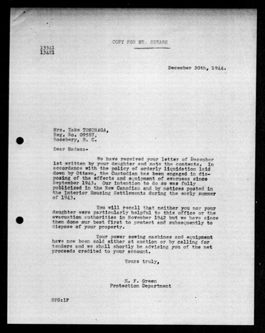 Scanned black-and-white microfilm of a typed reply letter to Take Tomonaga from government representative HF Green regarding dispossession of their property.