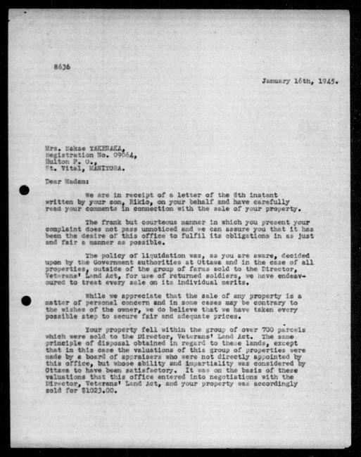 Scanned black-and-white microfilm of a typed reply letter to Sakae Takenaka from government representative WE Anderson regarding dispossession of their property. Page 1 of 2.