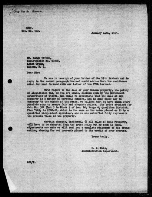 Scanned black-and-white microfilm of a typewritten reply letter to Kango Tatebe from government representative RG Bell regarding dispossession of their property.