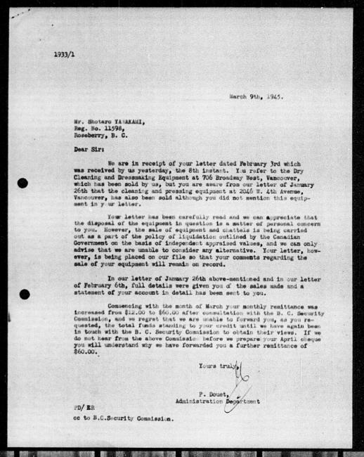 Scanned black-and-white microfilm of a typewritten reply letter to Shotaro Yamakami from government representative P Douet regarding dispossession of their property.