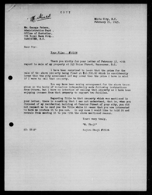 Scanned black-and-white microfilm of a typewritten copy of a letter addressed to government representative George Peters from Kojiro Shoji regarding dispossession of their property.