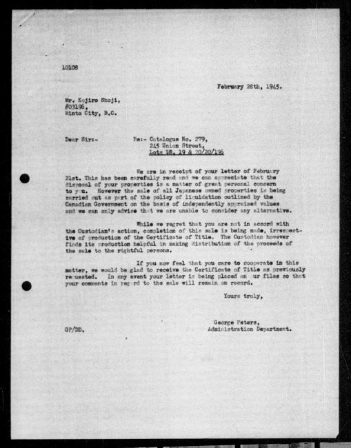 Scanned black-and-white microfilm of a typed reply letter to Kojiro Shoji from government representative George Peters regarding dispossession of their property.
