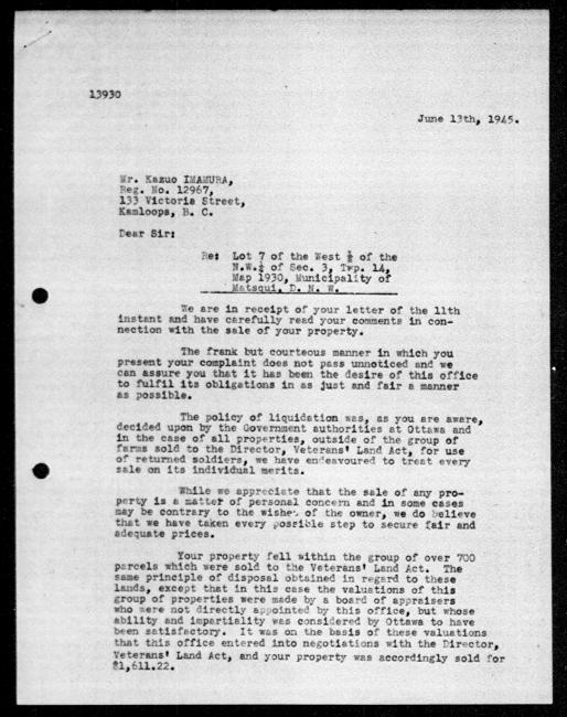 Scanned black-and-white microfilm of a typed reply letter to Kazuo Imamura from government representative RD Richardson regarding dispossession of their property. Page 1 of 2.