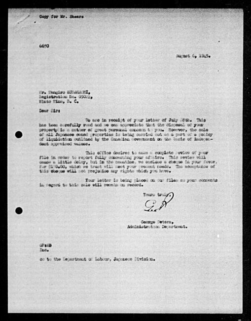 Scanned black-and-white microfilm of a typed reply letter to Mangiro Kurahashi from government representative George Peters regarding dispossession of their property.