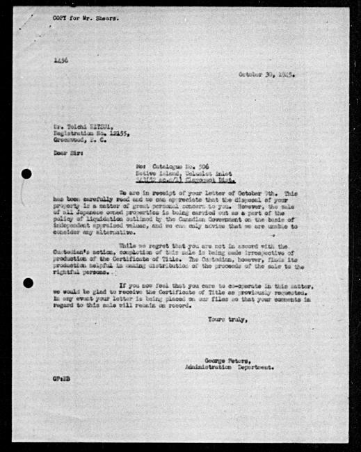 Scanned black-and-white microfilm of a typewritten reply letter to Toichi Nitsui from government representative George Peters regarding dispossession of their property.