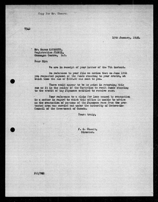 Scanned black-and-white microfilm of a typewritten reply letter to Masao Kawamoto from government representative FG Shears regarding dispossession of their property.