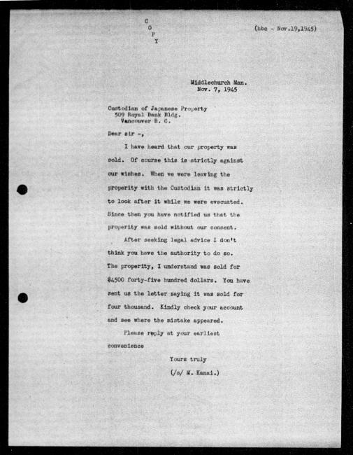 Scanned black-and-white microfilm of a typewritten copy of a letter addressed to the government from M Kanai regarding dispossession of their property.